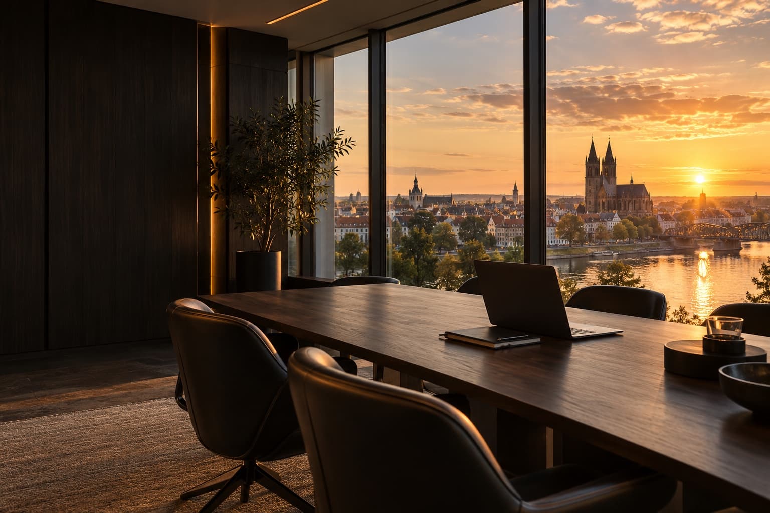 Blick aus einem modernen Konferenzraum auf den Magdeburger Dom und die Elbe bei Sonnenuntergang