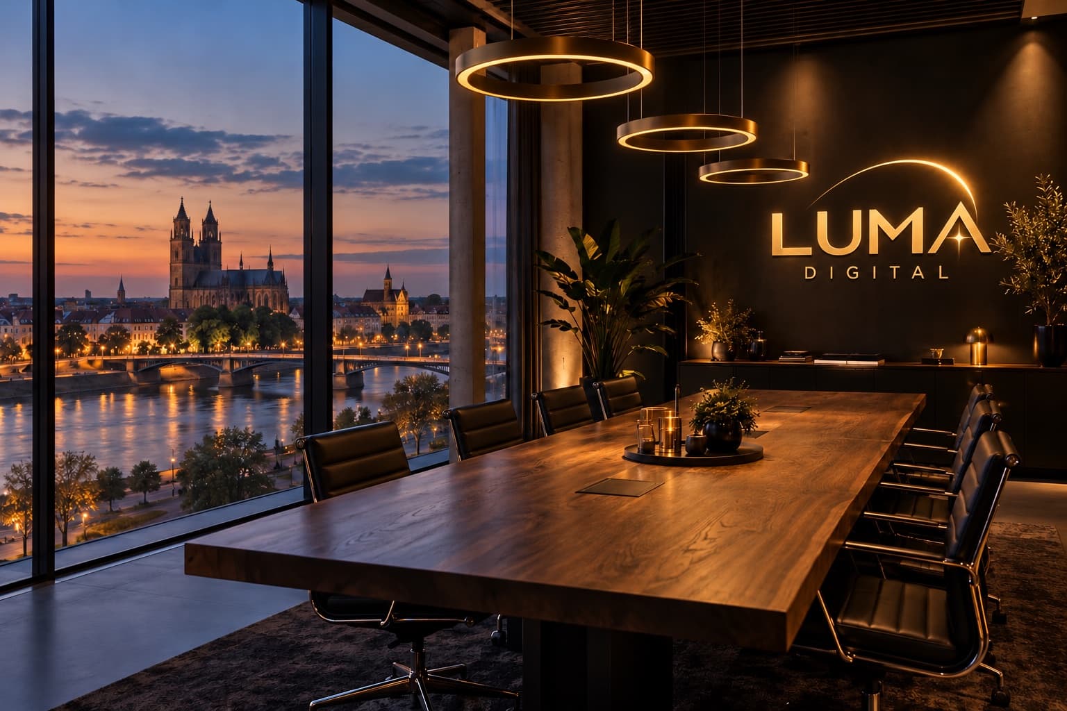 Visualisierung eines LUMA Digital Konferenzraums mit Blick auf den Magdeburger Dom und die Elbe
