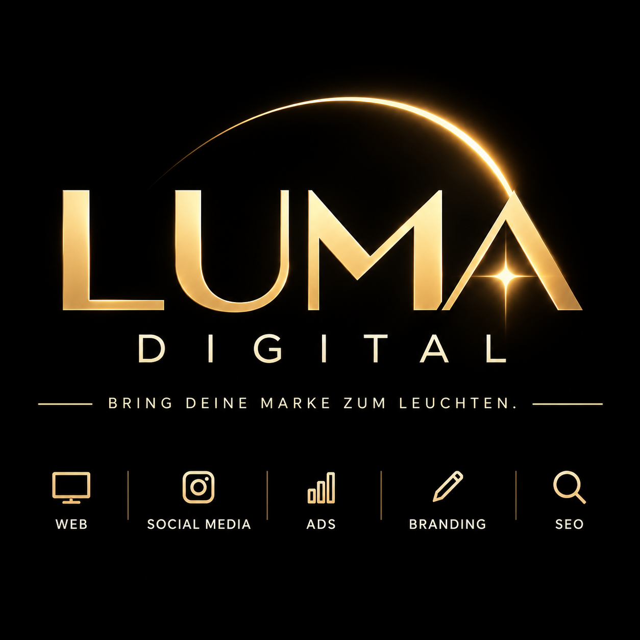 LUMA Digital Markenidentität mit goldenem Schriftzug, Lichtbogen und fünf Dienstleistungs-Icons